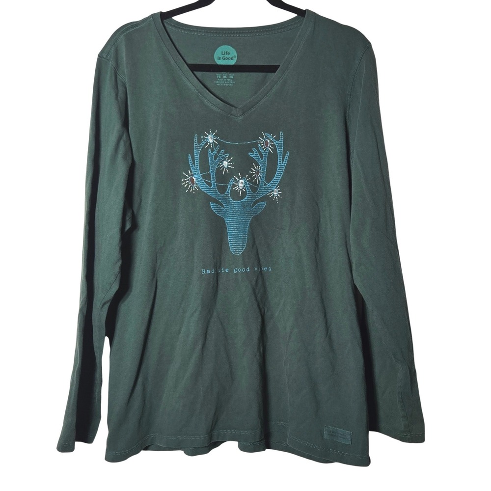 Life is Good Women Classic Fit Deer Graphic Long Sleeve T-Shirt XL Nature Casual